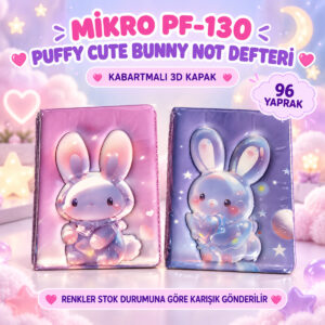 PF-130 Puffy Cute Bunny Kabartmalı 3D Kapaklı Çizgili Not Defteri 96 Yaprak 18x13 cm