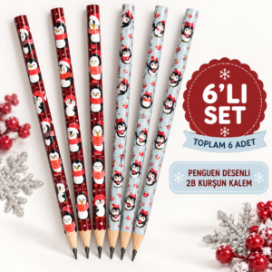 Penguen Desenli 2B Kurşun Kalem 6’lı Set – Bordo ve Mavi Karışık