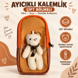 Ayıcıklı Anahtarlıklı Çift Bölmeli Fermuarlı Kalemlik