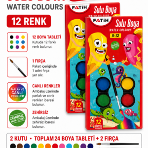 2li Set Sulu Boya 12 Renk 12 Tablet + 1 Fırça