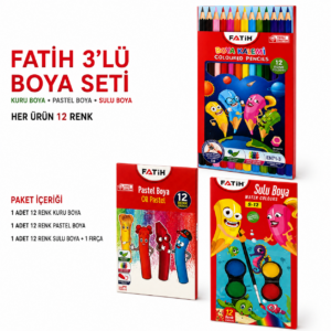 Fatih 3’lü Boya Seti – 12 Renk Kuru Boya, Pastel Boya ve Sulu Boya