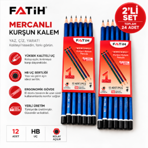 Mercanlı Kurşun Kalem 2’li Set – 2 Düzine, Toplam 24 Adet HB Kalem