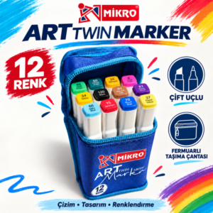Art Twin Marker 12 Renk Çift Uçlu Boyama ve Çizim Kalemi Fermuarlı Taşıma Çantalı Set