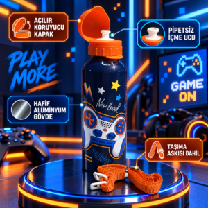 Mikro MT-2510 500 ml Çocuk Matarası Askılı Pipetsiz Açılır Kapaklı Desenli · GAMER