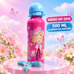 Mikro MT-2510 500 ml Çocuk Matarası Askılı Pipetsiz Açılır Kapaklı Desenli · SEVİMLİ KIZ