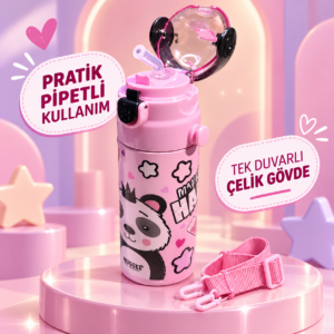 MUGGLE MT-2635 550 ml Pipetli Çelik Matara Desen: Sevimli Panda