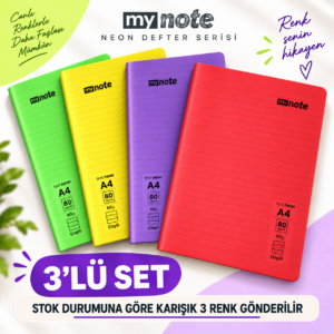My Note Neon A4 Çizgili Defter 80 Yaprak 60 Gr 3’lü Karışık Renk Seti
