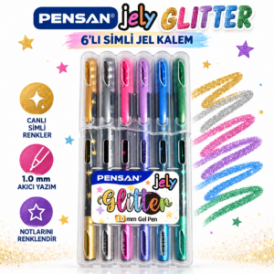 Jely Glitter 6’lı Simli Jel Kalem Seti 1.0 mm Renkli Parıltılı Kalem