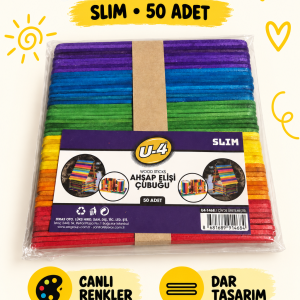 Slim Ahşap El İşi Çubuğu Renkli – 50 Adet